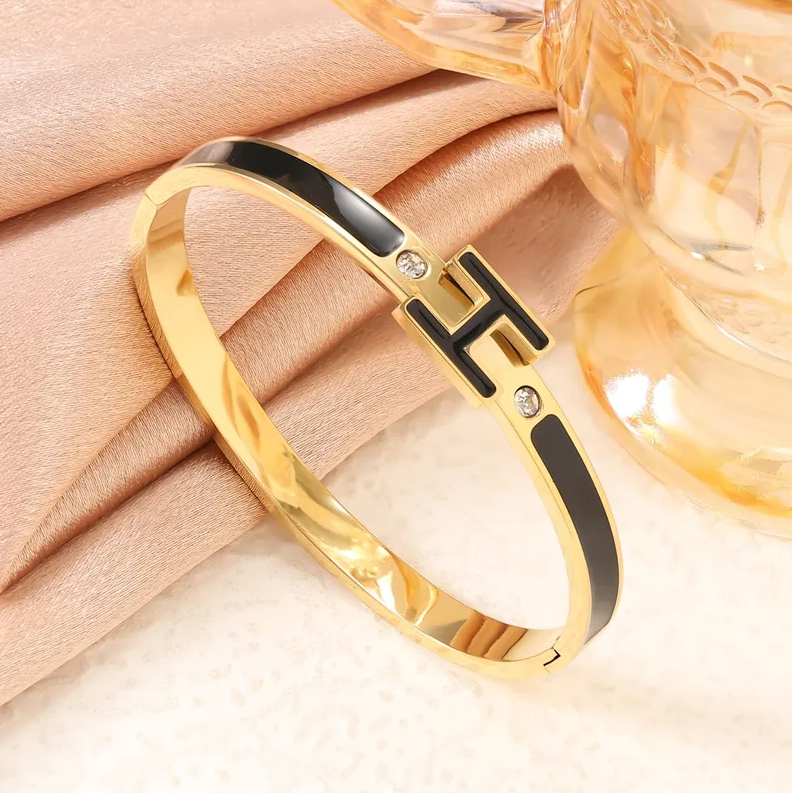 Gold H Letter Enamel & Crystal Zircon Cuff Bangle - Bangle - 18k Gold Plated Waterproof Jewellery - Collection 9