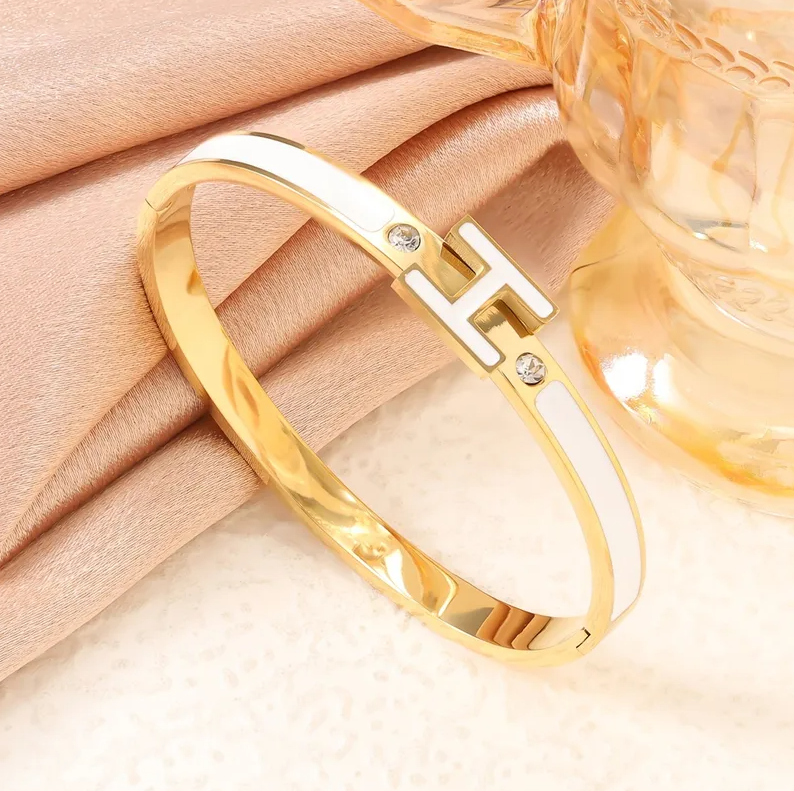 Gold H Letter Enamel & Crystal Zircon Cuff Bangle - Bangle - 18k Gold Plated Waterproof Jewellery - Collection 9