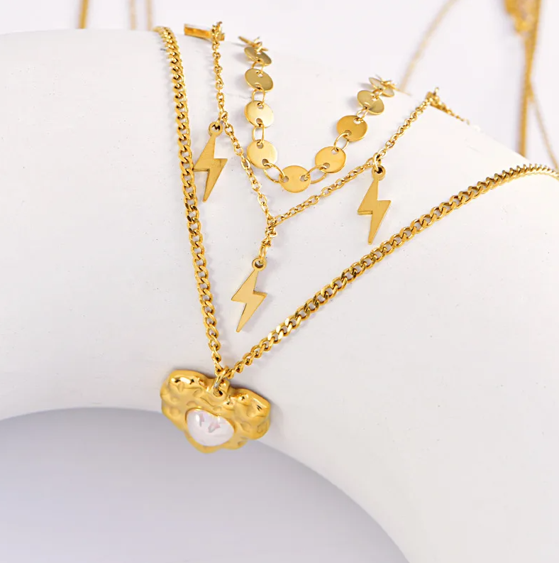 Three Layered Lightning Bolt Heart Necklace - Necklace - 18k Gold Plated Waterproof Jewellery - Collection 9