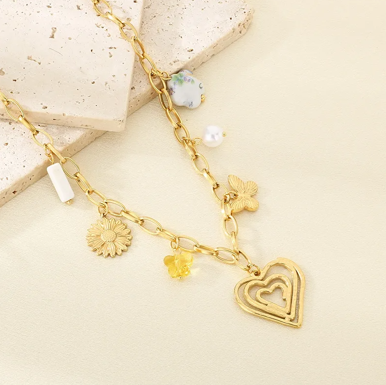 Sunflower Butterfly Heart Charm Necklace - Necklace - 18k Gold Plated Waterproof Jewellery - Collection 9