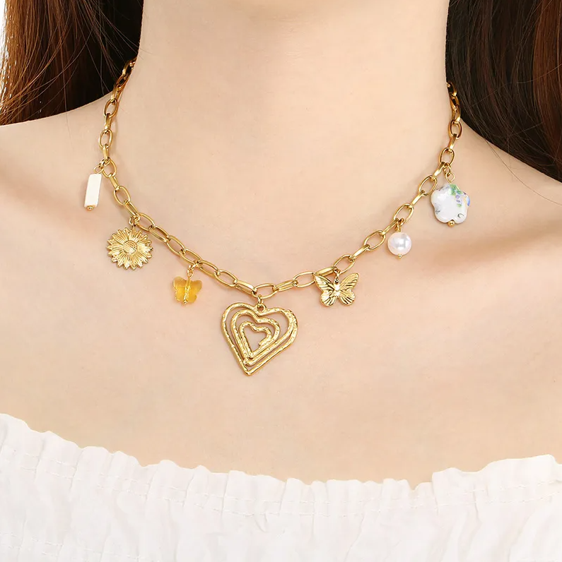 Sunflower Butterfly Heart Charm Necklace - Necklace - 18k Gold Plated Waterproof Jewellery - Collection 9