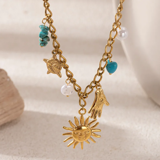 Sun Face Hamsa Turquoise Charm Necklace - Necklace - 18k Gold Plated Waterproof Jewellery - Collection 9