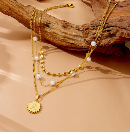 Three Layered Initial Pearl Necklace - Necklace - 18k Gold Plated Waterproof Jewellery - Collection 9