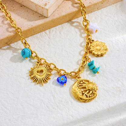 Celestial Sun Heart Flower Multi Charm Necklace - Necklace - 18k Gold Plated Waterproof Jewellery - Collection 9