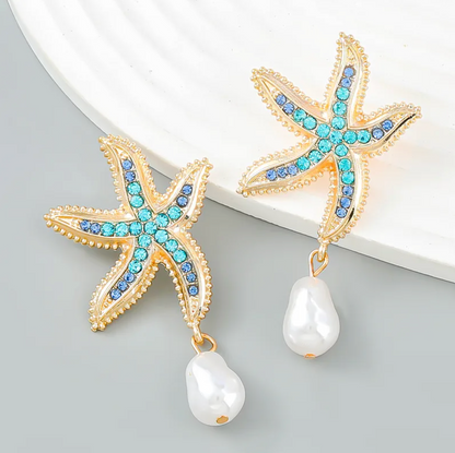 Crystal Starfish Pearl Drop Earrings - Earrings - 18k Gold Plated Waterproof Jewellery - Collection 9
