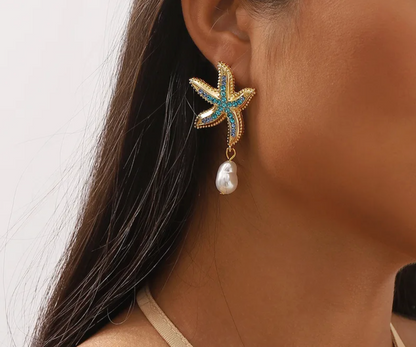 Crystal Starfish Pearl Drop Earrings - Earrings - 18k Gold Plated Waterproof Jewellery - Collection 9