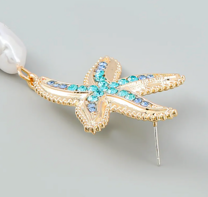 Crystal Starfish Pearl Drop Earrings - Earrings - 18k Gold Plated Waterproof Jewellery - Collection 9