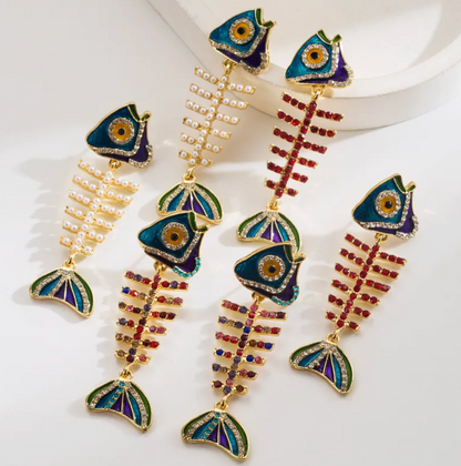 Crystal Fish Bone Drop Earrings