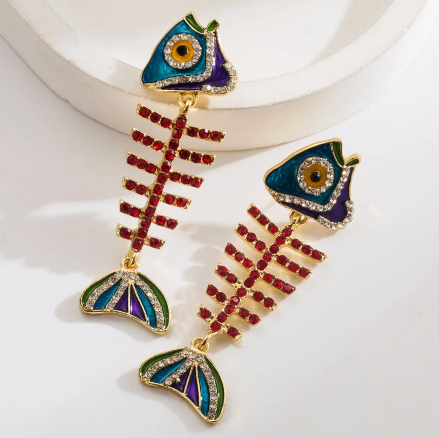 Crystal Fish Bone Drop Earrings