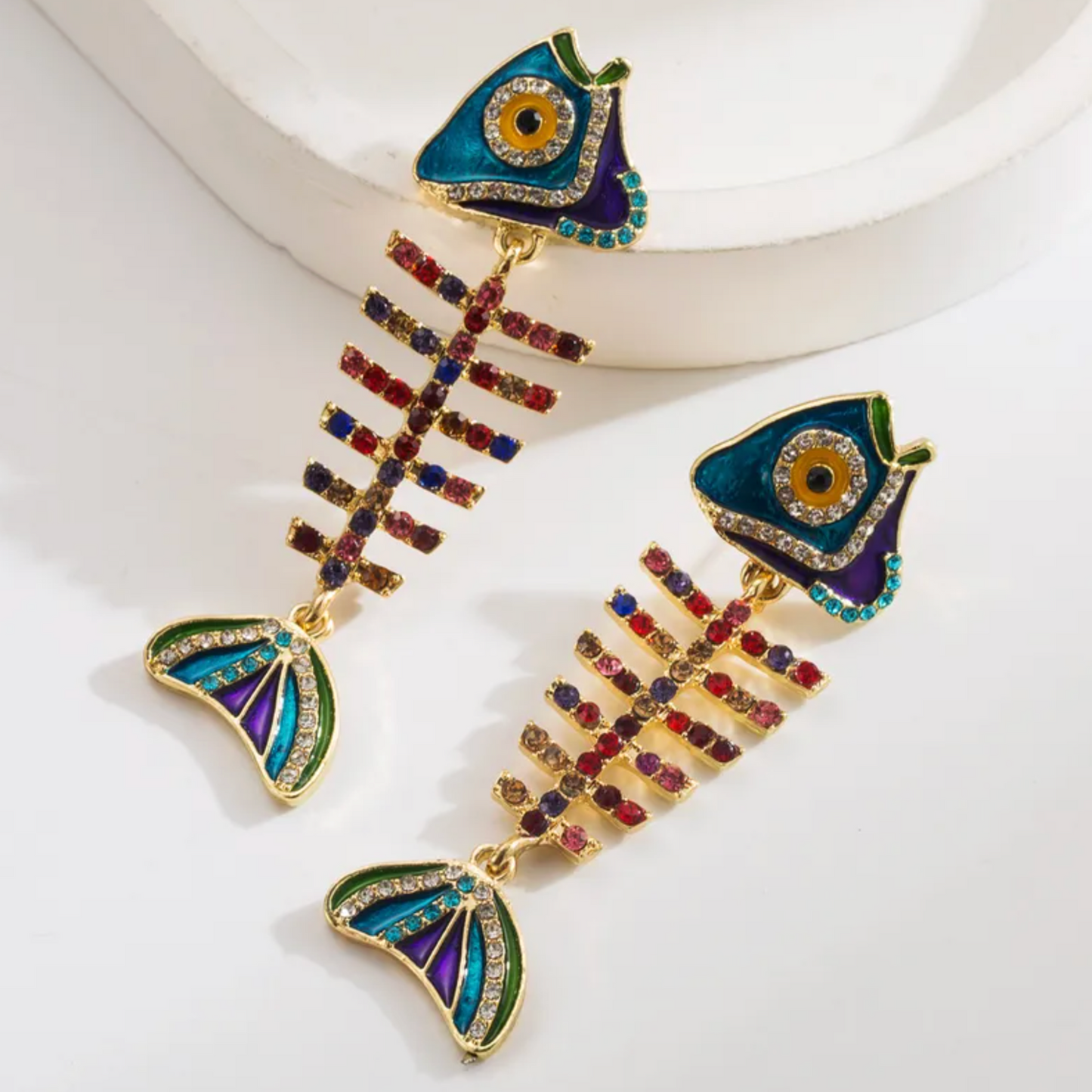 Crystal Fish Bone Drop Earrings