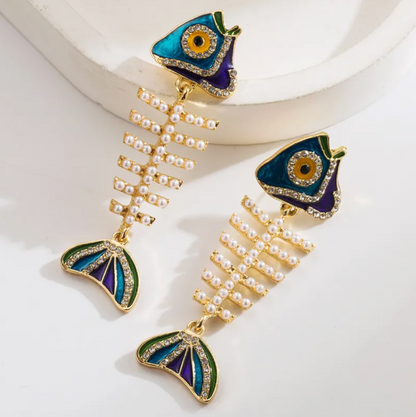 Crystal Fish Bone Drop Earrings