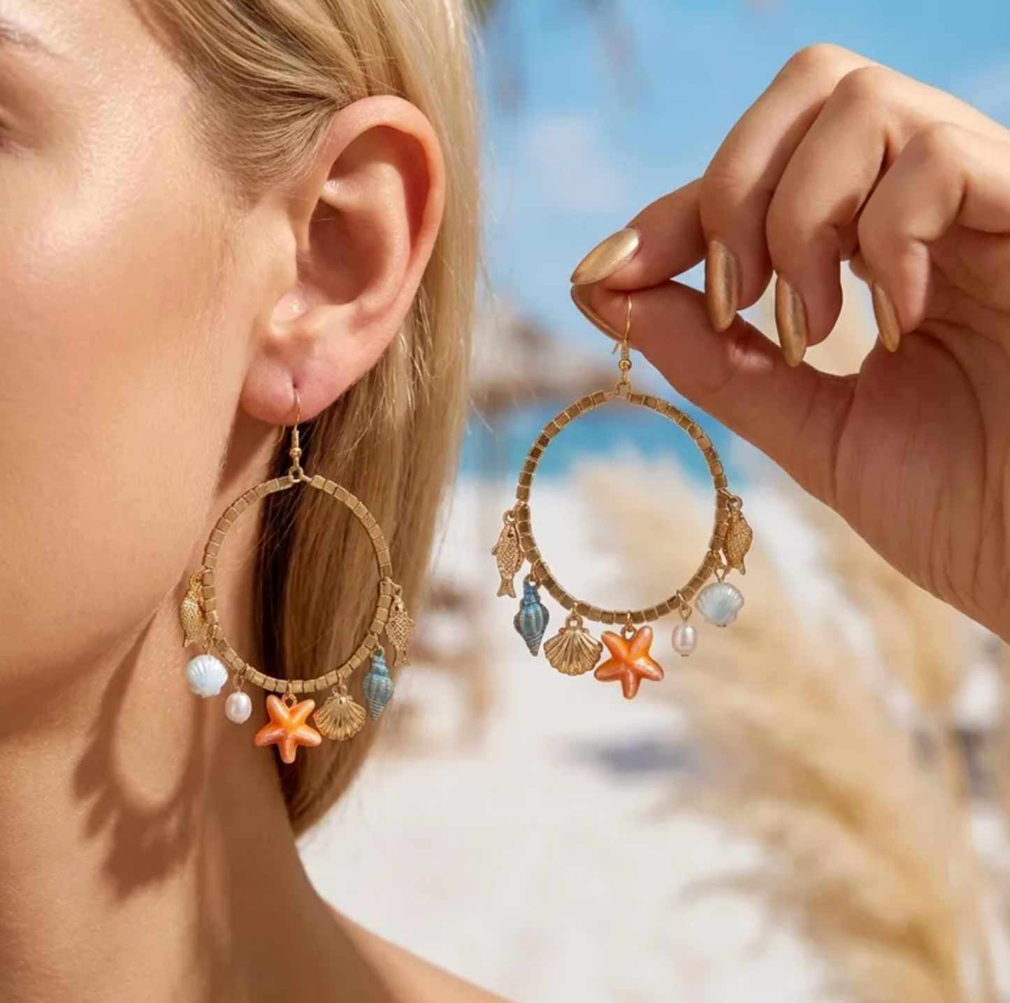 Ocean Charm Beaded Hoop Earrings