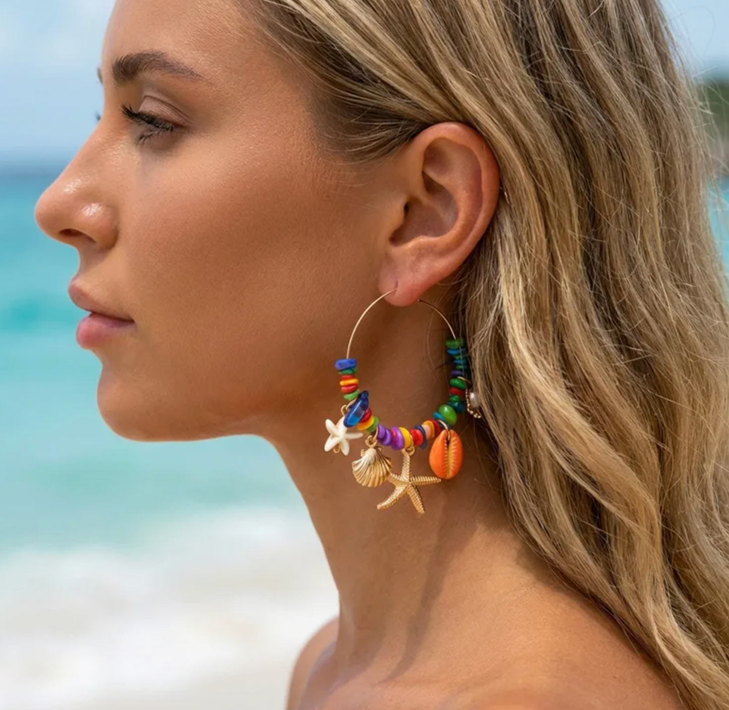 Ocean Charm Beaded Hoop Earrings