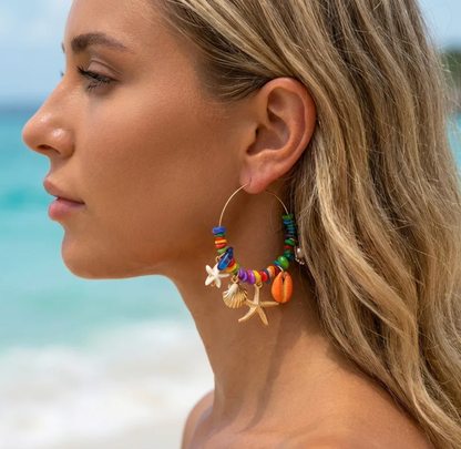 Ocean Charm Beaded Hoop Earrings
