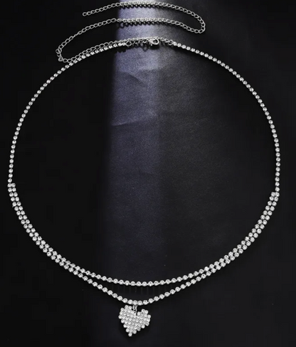 Gold Double Layer Rhinestone Tennis Waist Chain with Pavé Heart Pendant - Waist Chains - 18k Gold Plated Waterproof Jewellery - Collection 9