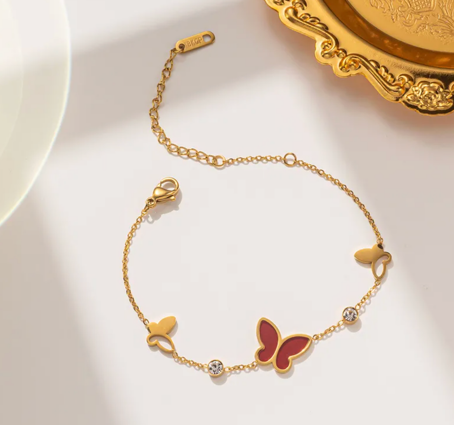 Gold Shell Butterfly Crystal Station Cable Chain Bracelet - Bracelets - 18k Gold Plated Waterproof Jewellery - Collection 9