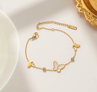 Gold Shell Butterfly Crystal Station Cable Chain Bracelet - Bracelets - 18k Gold Plated Waterproof Jewellery - Collection 9