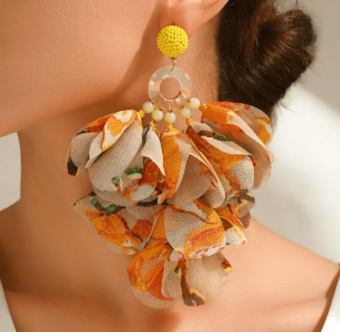 Chiffon Petal Bloom & Beaded Ring Drop Earrings - Drop Earrings - 18k Gold Plated Waterproof Jewellery - Collection 9
