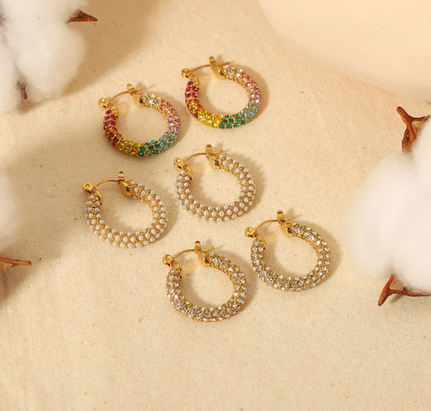 Gold Crystal Encrusted Hoop Earrings - - 18k Gold Plated Waterproof Jewellery - Collection 9