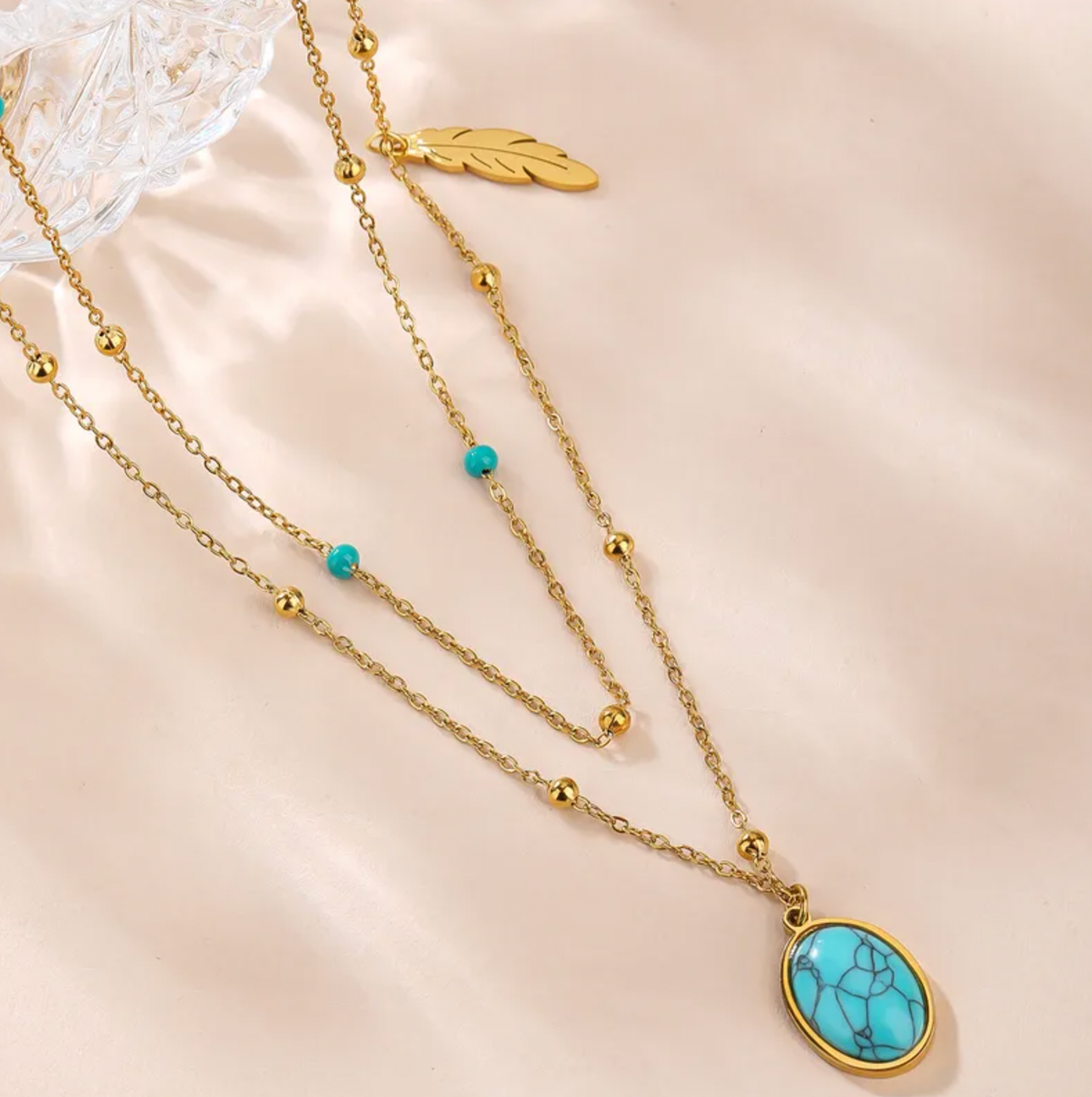 Turquoise Oval Pendant Feather Layered Necklace