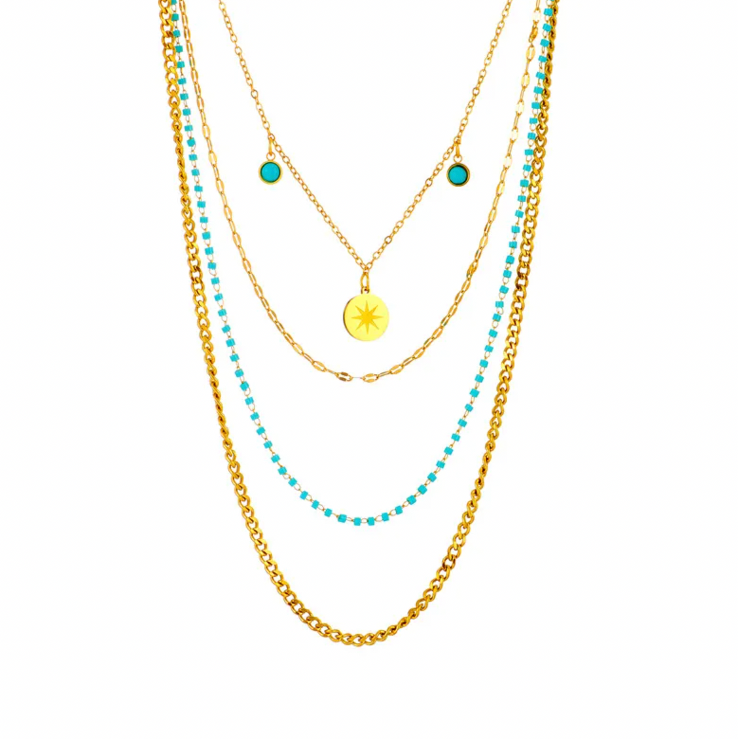 Turquoise Beaded Star Coin Layered Necklace