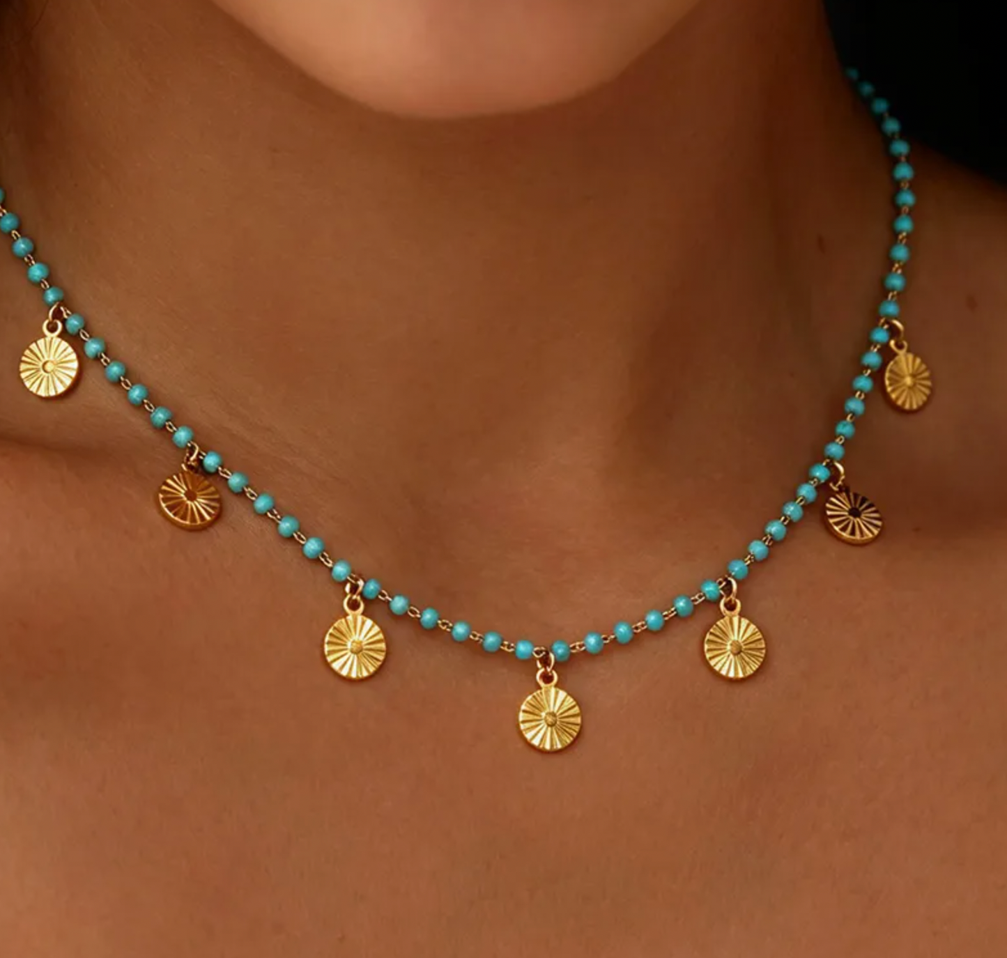 Turquoise Beaded Shell Charm Necklace