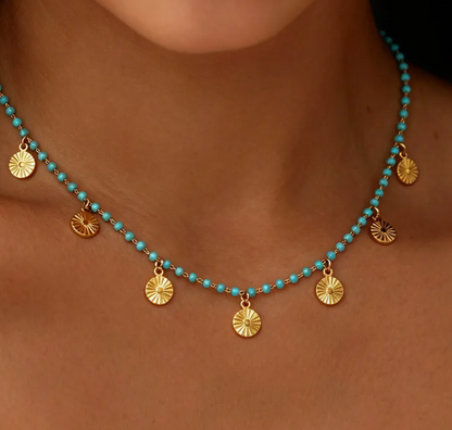 Turquoise Beaded Shell Charm Necklace