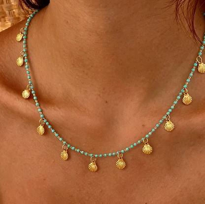 Turquoise Beaded Shell Charm Necklace