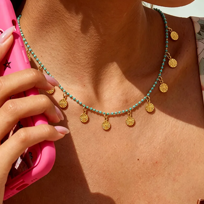 Turquoise Beaded Shell Charm Necklace
