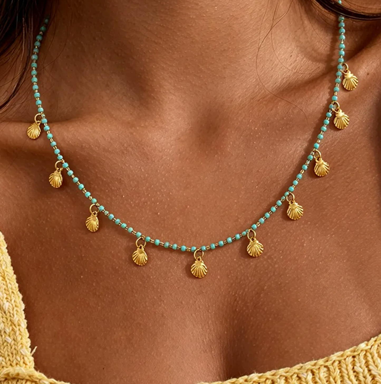 Turquoise Beaded Shell Charm Necklace