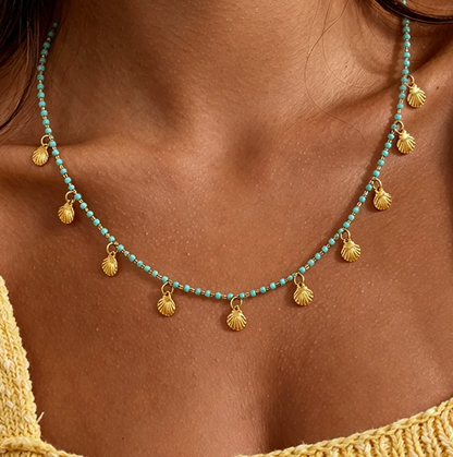Turquoise Beaded Shell Charm Necklace