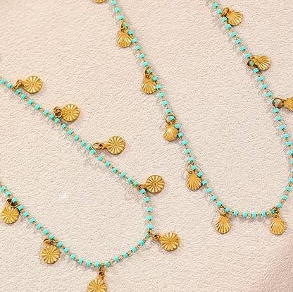 Turquoise Beaded Shell Charm Necklace