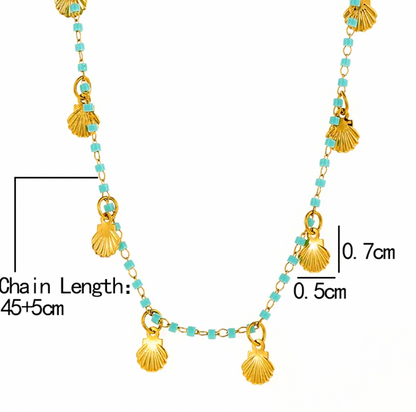 Turquoise Beaded Shell Charm Necklace