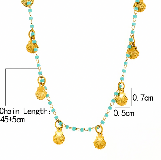 Turquoise Beaded Shell Charm Necklace