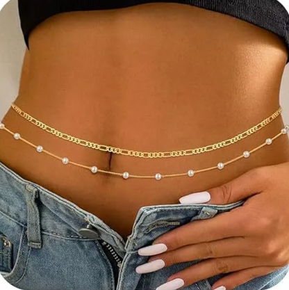 Gold Figaro Pearl Layered Waist Chain