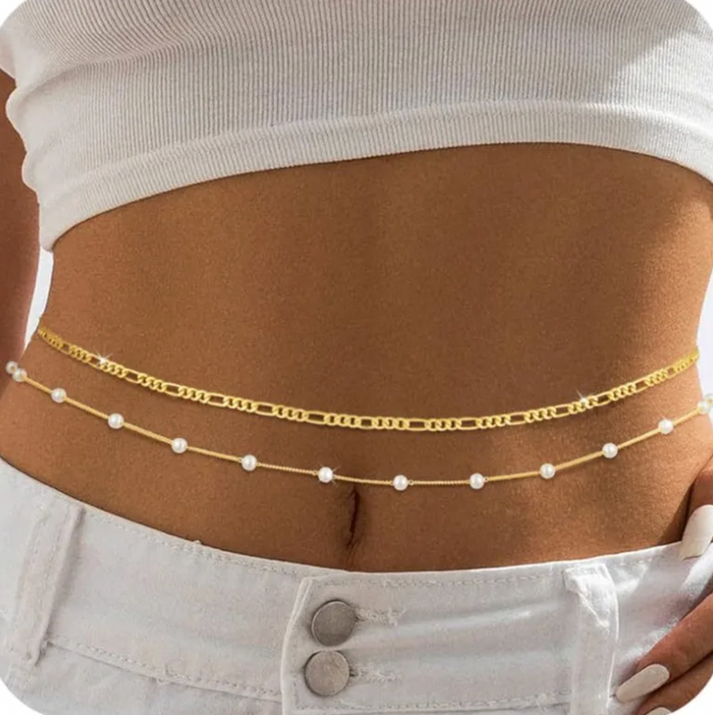 Gold Figaro Pearl Layered Waist Chain