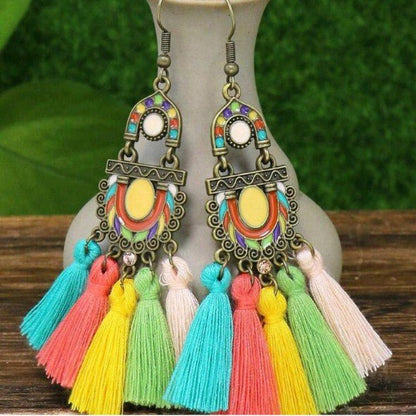 Antique Bronze Moroccan Arch & Multicolour Tassel Drop Earrings - Drop Earrings - 18k Gold Plated Waterproof Jewellery - Collection 9
