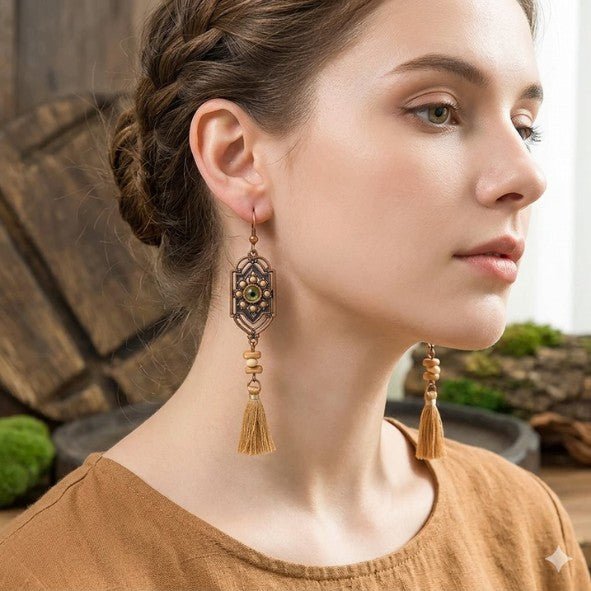 Antique Copper Art Deco Panel & Stone Bead Tassel Drop Earrings - Drop Earrings - 18k Gold Plated Waterproof Jewellery - Collection 9