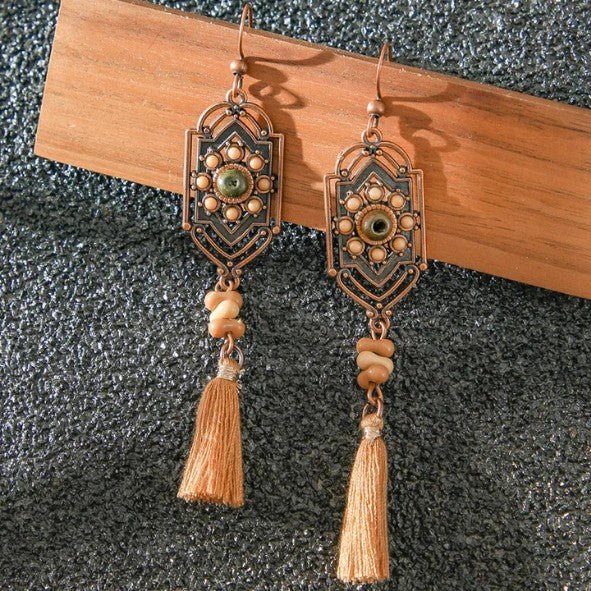 Antique Copper Art Deco Panel & Stone Bead Tassel Drop Earrings - Drop Earrings - 18k Gold Plated Waterproof Jewellery - Collection 9