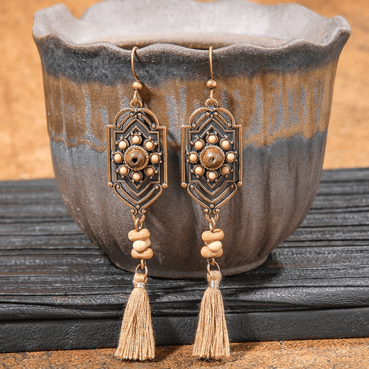 Antique Copper Art Deco Panel & Stone Bead Tassel Drop Earrings - Collection 9 Ltd