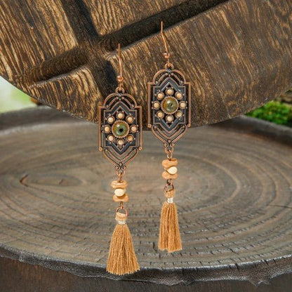 Antique Copper Art Deco Panel & Stone Bead Tassel Drop Earrings - Drop Earrings - 18k Gold Plated Waterproof Jewellery - Collection 9