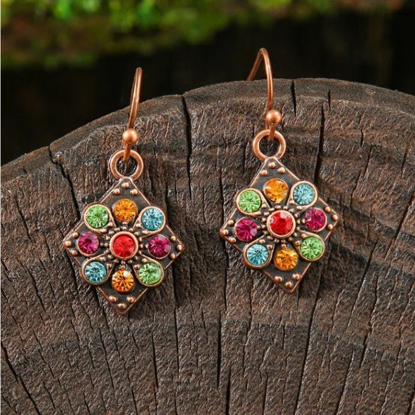 Antique Copper Diamond & Multicolour Rhinestone Flower Drop Earrings - Drop Earrings - 18k Gold Plated Waterproof Jewellery - Collection 9