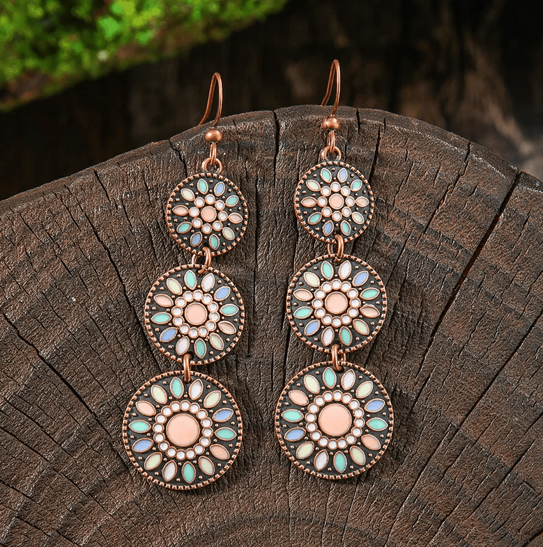Antique Copper Triple Disc Peach Enamel & Pearl Dot Drop Earrings - Drop Earrings - 18k Gold Plated Waterproof Jewellery - Collection 9