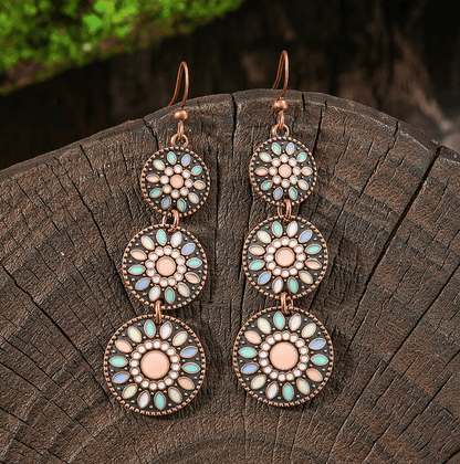 Antique Copper Triple Disc Peach Enamel & Pearl Dot Drop Earrings - Drop Earrings - 18k Gold Plated Waterproof Jewellery - Collection 9
