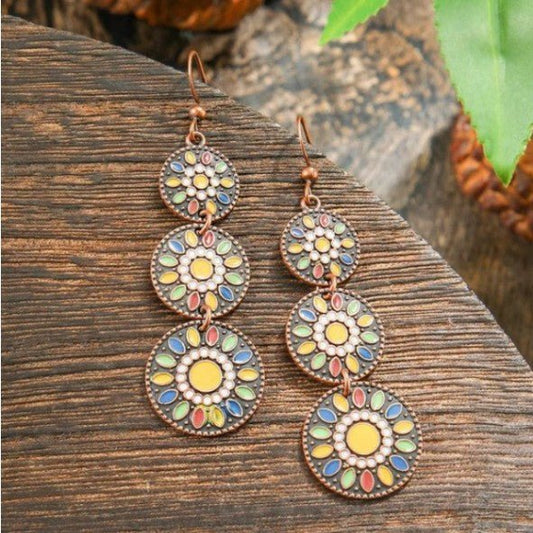 Antique Copper Triple Mandala Disc & Multicolour Enamel Drop Earrings - Collection 9 Ltd