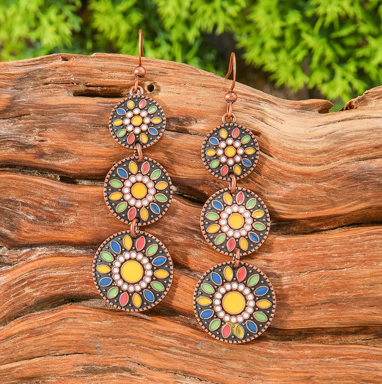 Antique Copper Triple Mandala Disc & Multicolour Enamel Drop Earrings - Drop Earrings - 18k Gold Plated Waterproof Jewellery - Collection 9