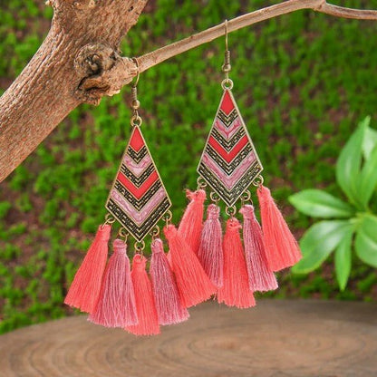 Antique Gold Chevron Diamond Panel & Coral Pink Triple Tassel Drop Earrings - Drop Earrings - 18k Gold Plated Waterproof Jewellery - Collection 9