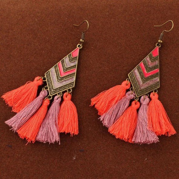 Antique Gold Chevron Diamond Panel & Coral Pink Triple Tassel Drop Earrings - Drop Earrings - 18k Gold Plated Waterproof Jewellery - Collection 9