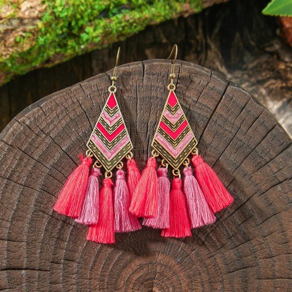 Antique Gold Chevron Diamond Panel & Coral Pink Triple Tassel Drop Earrings - Drop Earrings - 18k Gold Plated Waterproof Jewellery - Collection 9