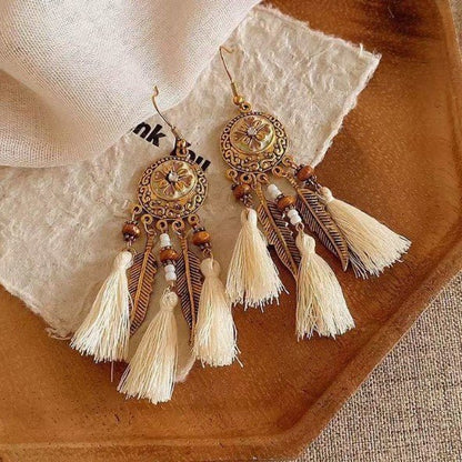 Antique Gold Mandala Disc & Cream Tassel Feather Drop Earrings - Drop Earrings - 18k Gold Plated Waterproof Jewellery - Collection 9